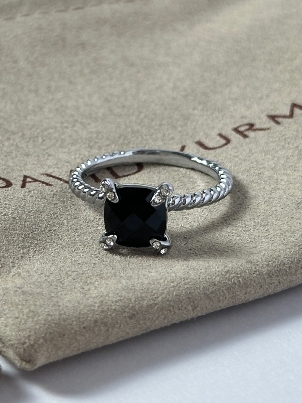 David Yurman Sterling Silver Ring With Black Onyx and Pave Size 7.75